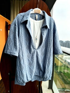 Blue Lace Hollow Out Two-Tone Short Sleeve Shirt