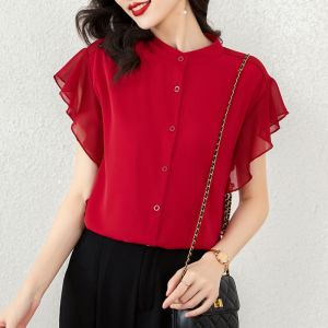 Stand Collar Pure Color Elegant Short Sleeve Chiffon Shirt Womens Summer Ruffles Thin Shirt Age Reducing Cardigan Top