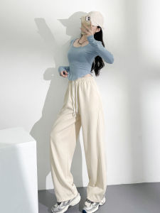 Retro American Womens Sport Pants Spring Autumn Drawstring Loose Wide Leg Casual Trousers Two-Way Wear Slimming Effect