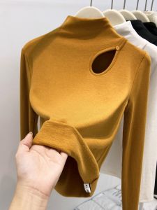 LUOSHAO | Hollowed Shoulder Long Sleeve T-shirt for Women 2025 Autumn Winter New Fashion Thin Velvet Slim Fit Innerwear