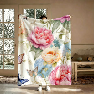 Potdemiel | Pink Peonies Blue Ultra-Soft Fluffy Flannel Blanket Super Cozy Lightweight Bed Blanket for Halloween Sofa Bed Christmas