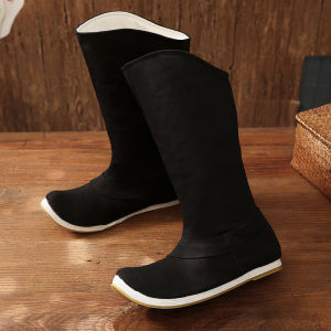 Elevated Winter Long Tube Hanfu Boots Ming Dynasty Fleece Lined Curly Head National Style Martial Arts Boots for Men