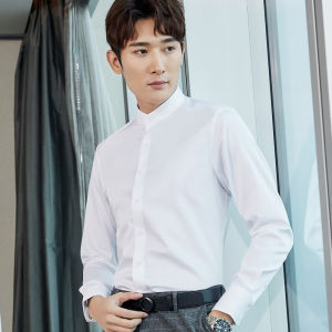 Business Casual Long Sleeve Mens Shirt Fleece Lined Stand Collar Zhongshan Style round Neck White Dress Shirt Moisture Wicking