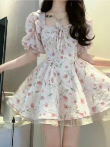 French Style Floral Print Puffy Sleeve Short Dress Womens Summer Slimming A-Line Skirt High Waist Princess Ball Gown Dress