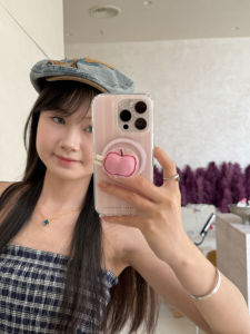 Meetins INS  Girl Simple Pink Stripes Magnetic Absorption Cloth Art  Stand Suitable for 16ProMax Phone Case 15Pro Hard 14 Anti-Fall 13 Protective Cover