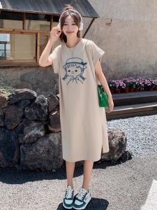 plus Size Womens Cotton T-Shirt Dress Summer Clothes Casual Long Skirt Belly Covering Plump Micro Casual Long Dress