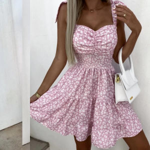 ชุดเดรสสั้นลายดอกไม้หวานๆ สำหรับผู้หญิงในฤดูร้อน สายรัดไหล่ เอวสูง คอวี แขนกุด กระโปรงทรงเอ ชุดเดรสผู้หญิง