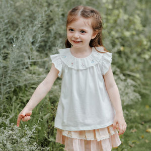OAK FAMILY | Summer Baby White T-shirt with Ruffled Collar Flutter Sleeves