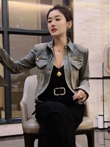 Spring Autumn 2025 Womens Fashionable Short Casual Slim Fit Denim Jacket Long Sleeve Polo Collar Zipper Closure Single Button