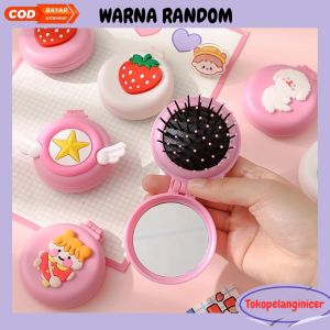 Sisir Rambut Kaca Portable Bulat Mini Cermin Sisir Karakter