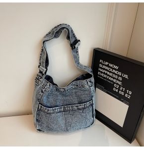 Casual Canvas Denim Crossbody Bag Large Capacity Artistic Shoulder Bag for Women Korean Style School Bag Soft Bucket Shape