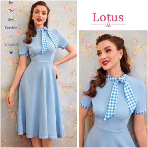 Lotus] Đầm Dự Tiệc Màu Xanh Biển Thanh Lịch Cổ Thắt Nơ Cà Vạt Cravat Đẹp/ Váy Chữ A Dáng Dài Tay Ngắn Mặc Đi Chơi Đi Làm Đều Xinh/ Đầm Công Sở Sang Trọng