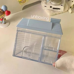 Creative Desktop Organizer Box Transparent Mini House Design Drawers Style Storage Box High Aesthetic Value Rectangular Shape