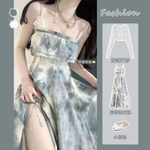 Summer Thin Sunscreen Water Ink Diffusion Wrap Chest Skirt Set Womens Tea Break French Style Strapless Dress High Waist A-Line