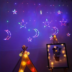 300 ซม.LED Icicle Star Moon โคมไฟ Fairy Curtain String ไฟ Garland Eid Mubarak ไฟตกแต่งสําหรับห้องงานแต่งงานหน้าแรกหน้าต่าง