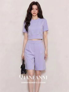QFN | Purple Short Sleeve Round Neck Short Top High Waist Shorts Set