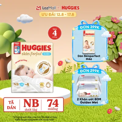 [17-24.08 QUÀ TẶNG ĐƠN 0Đ] Tã/bỉm dán sơ sinh Huggies Skin Perfect NB70 với 2 vùng thấm giảm kích ứng da (tặng miếng thay đổi theo từng đợt)