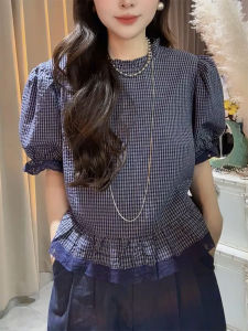 QINGNAER | Unique French Style Large Size Plaid Frill Bubble Sleeve Shirt