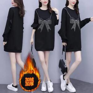 plus Size Womens Fleece Lined Loose Fit Slimming Ageless Sweatshirt Dress Korean Style round Neck High Waist Long Sleeve Spring Dress