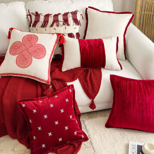 Goodly Home Chinese New Year Pillowcase Luxury Red Velvet Cushion Case Modern Linen Blend Decorative Pillow Cover For Sofa Chair Home Wedding Red Cushion Cover Decorations