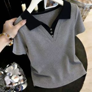 QIAOXIZI | Polo Collar Slimming Short Sleeve Tshirt Women