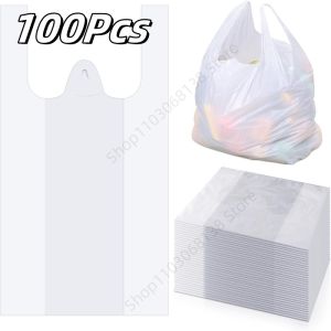 100Pcs Transparent Plastic Shopping Bag Supermarket Plastic Bags Disposable with Handle Food Takeaway Packaging Bags