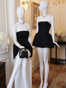 Black Striped Fashionable French Design Flattering Dress