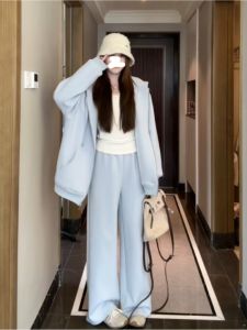 Blue Cotton Sportswear Set Womens Spring Autumn Loose Casual Fashion Two-Piece Suit Korean College Style Hoodie Pants