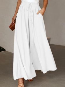 Simple Drawstring Wide-Leg Trousers High Waist Straight Cut Casual Pants for Women Elegant Basic Style Polyester Material
