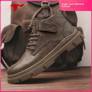 Bull Family Mens Martin Boots Winter Thickened Fleece Lined Mid-Calf Workwear Shoes Casual Short Boot Ultra-Leather Material