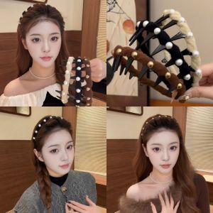 Dual-Use Stuffed Beads Wave Headband Female Not Tight Ear Fluffy High Skull Top Headband with Teeth Non Slip Face Washing Hair Hoop