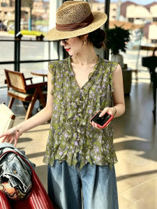French Style Ruffle V-Neck Sleeveless Chiffon Blouse
