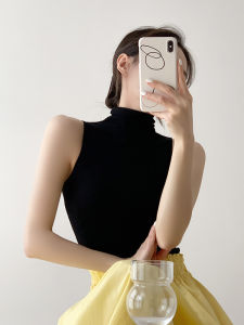Black Mock-Neck Knitting Vest Womens Summer Sleeveless T-shirt Inner Waistcoat Silm Bottoming Slimming Tops