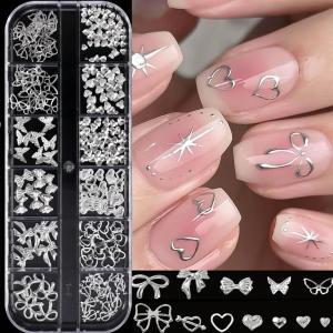 12Grids 3D Silver Heart Bow Buttefly Nail Rivet Studs Y2K Metallic Star Moon Nail Charms Valentines Day DIY Manicure Decoration