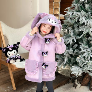 Girl Fleece-lined Thickened Clow M Outwear Autumn and Winter Mid Length Long Length Baby Girl Winter Clothes Kids Fur and Leather Overcoat