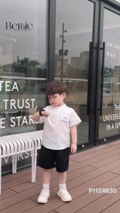 Set bộ cho bé trai áo sơ mi cổ trụ phối nắp túi thêu kèm quần thô mềm size 9đến 28kg BERNIE P1124B30