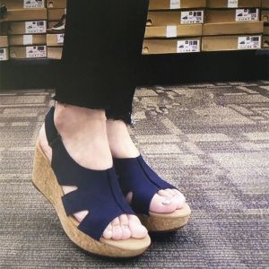 New 2025 Womens Comfortable High Heel Sandals in Dark Blue Genuine Leather with Fish Mouth Design And Thick Heel for All Occasions