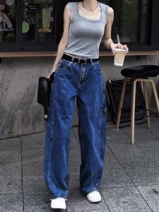 Quần Jeans Denim Cạp Cao Phong Cách Retro Cho Nữ Quần Ống Thẳng Mùa Thu Quần Thường Ngày Cỡ Lớn Đa Năng Dáng Rộng
