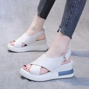 New Women Slip On Wedge Sandals 2023 Summer Korean Style Open Toe Thick Block High Heeled Sandals For Women On Sale