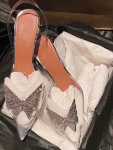 Spring Summer 2025 Diamond Butterfly Knot High Heels Womens Thin Head Transparent Fairy Crystal Shoes Cover Head Sandals