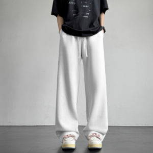 กางเกงวอร์มกีฬาชายทรงตรงเอวกลางผ้าฝ้ายทรงยาวทรงสลิมฟิตสีขาวและสีเทา กางเกงขายาวทรงตรงสำหรับผู้ชาย