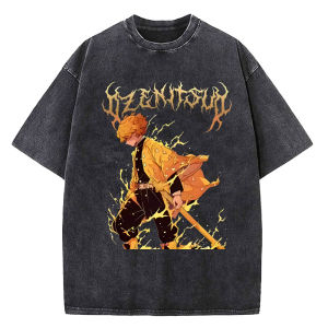 Bandai | Japanese Anime Demon Slayer Printed Washed Tshirt Men Manga Casual T-shirts Harajuku Male Cotton T Shirt