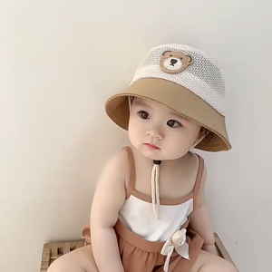 Oldlaiben Baby Hat Breathable Mesh Bucket Hat Fisherman Hat Cute Bear Cap Outdoor Sun Hat Topi Bayi