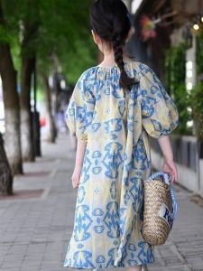 Summer Princess Style Sweet Flower Pattern Dress with Puff Sleeves