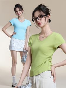 MiiOW | Áo thun cổ chữ V tay ngắn màu trơn dáng ôm thời trang mùa hè cho nữ thiết kế xếp ly thon gọn áo thun thường ngày