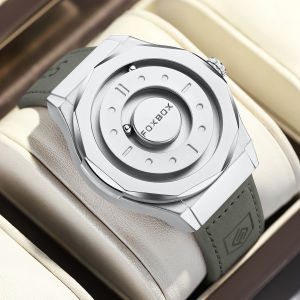 FOXBOX Mens Watches Stainless Steel Quartz Watch Creative Scrolling Pointer Magnetic Force Wrist Clock Relogios Masculino+Box