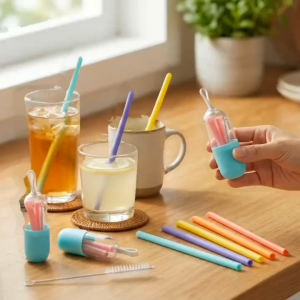 Ông Hút Silicone (Silicon) Thực Phẩm Gấp Gọn Kèm Hộp Đựng Và Cọ Vệ Sinh Tiền Lợi