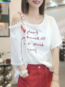 Shalldoer | Fashionable Lace Splice One Shoulder Strap Short Sleeve T-Shirt Womens New 2025 Summer Trendy Anti-Aging Versatile Top