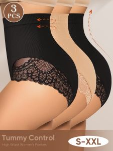 3pcs High-Waisted Tummy Control Seamless Underwear - Butt-Lifting Shapewear with Lace Trim 3 Sizes (S-XXL) for Women