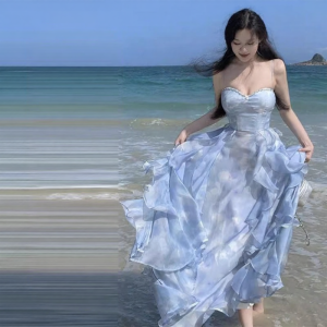 NUMEN BUTTON | Plus Size French Blue Asymmetric Rhinestone Strap Waist-Cinching Dress